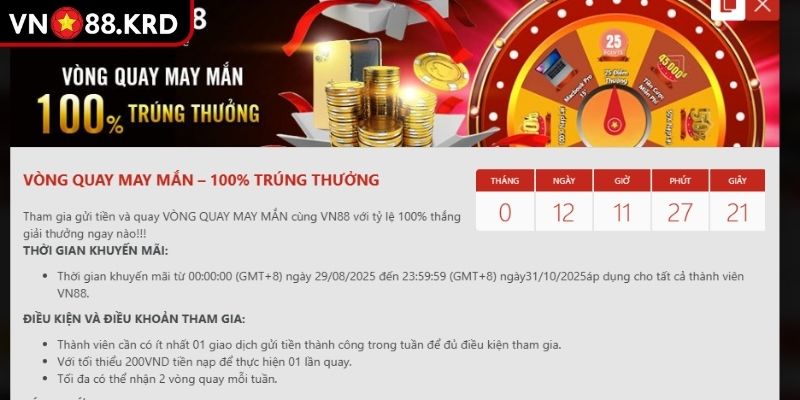 Khuyến Mãi VN88 – Cơ hội Nhận Thưởng Cho Mọi Cược Thủ 2 Vòng quay miễn phí